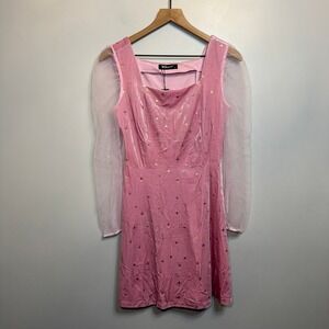 Allegra K Pink Velvet Celestial Star Mini Dress Sheer Puff Sleeve Small NWT